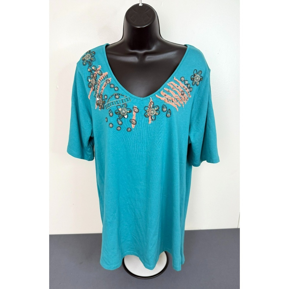 Alain Weiz Women's Beaded Embellished V-Neck Short Sleeve Top 90s Blue Size 16